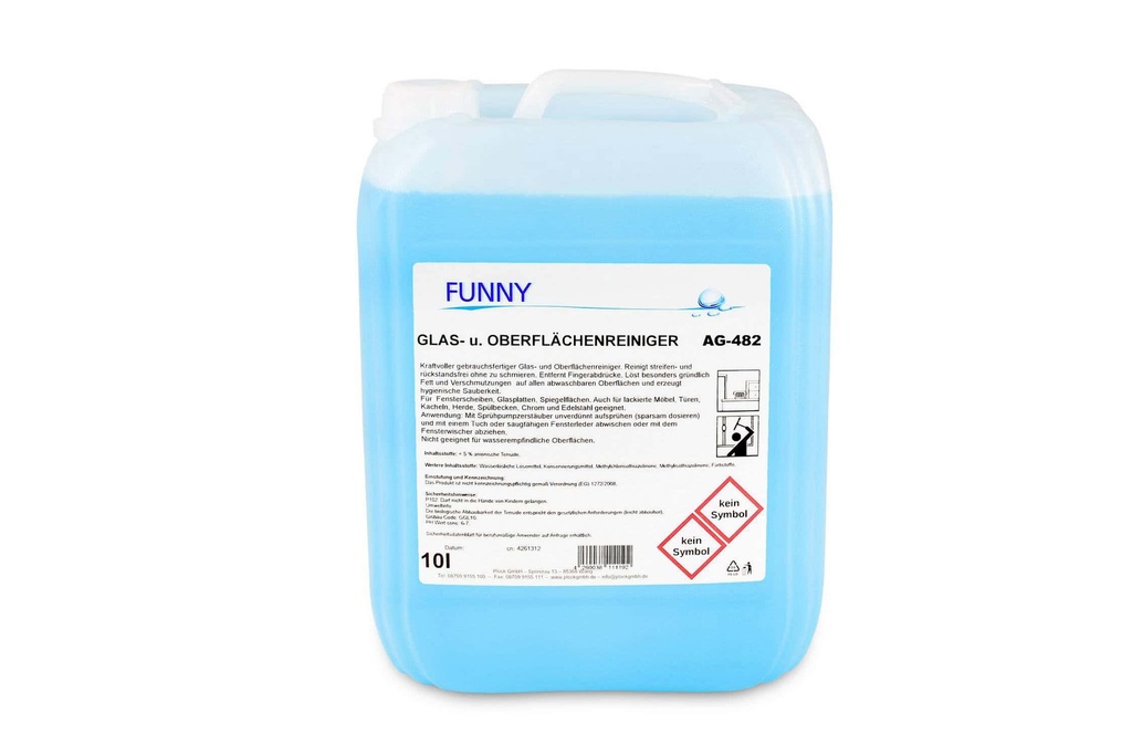 [FUNNY AG-482] Glas- und Oberflächenreiniger, 10 l Kanister, Funny, pH-Wert: 7 VOC-Gehalt 1%