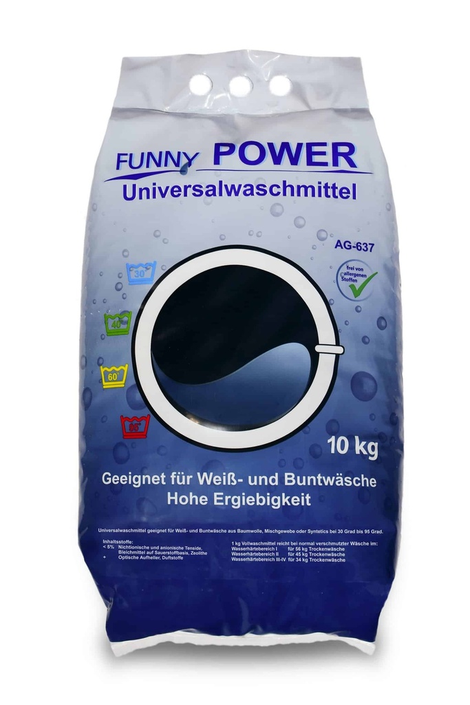 [FUNNY AG-637] POWER Vollwaschmittel 30/60/90 Grad, 10 kg Sack mit Henkel, Funny,  VOC Gehalt: 0%, 1 Sack