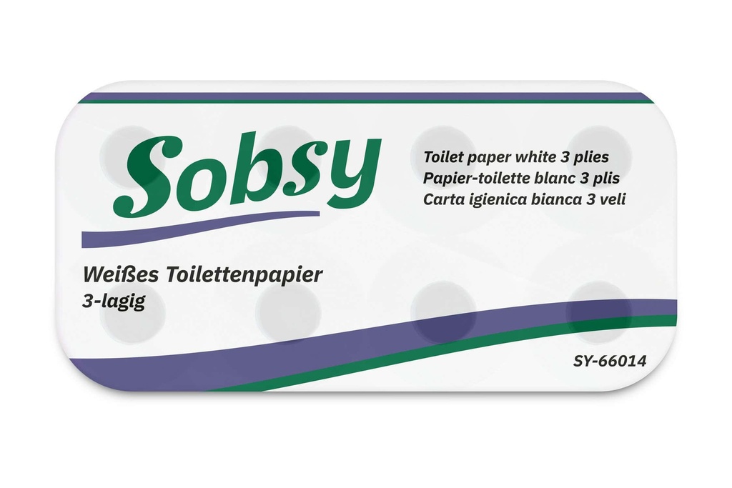 Toilettenpapier 3-lagig, 250 Blatt, Sobsy, hochweiss, Zellstoffpapier, motivgeprägt, Rolle 9x8 Rollen