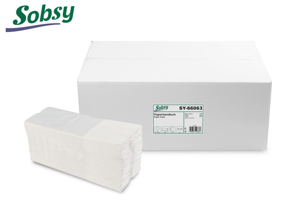 [Sobsy SY-66063] Papierhandtuch, 2-lagig, Sobsy, Zellstoffmixpapier, geprägt, rec. weiss, 25x33 cm, C-Falz, 2.880 Stück