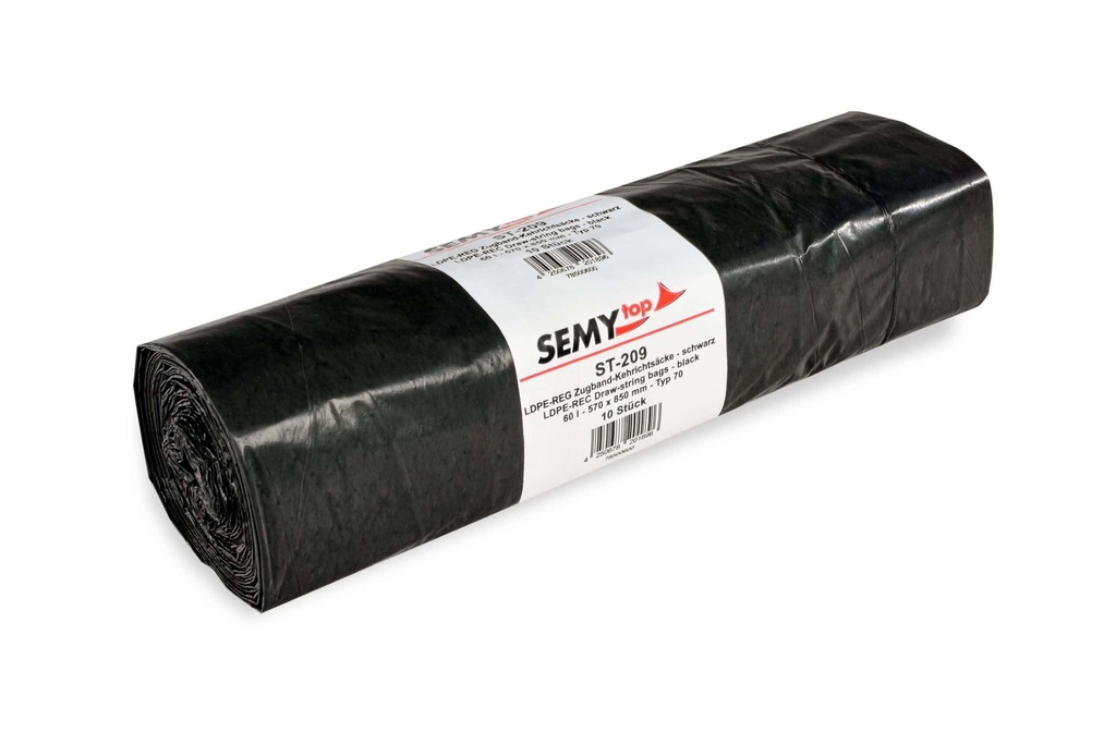 [SemyTop ST-209] Zugband-Kehrichtsäcke, schwarz, LDPE-Regenerat, ca. 60 Liter, 570x850 mm, Typ 70, 20 Rollen x 10 Stück, Semy Top