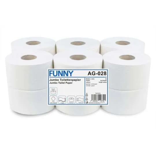 Jumbo-Toilettenpapier, 3-lagig, Zellstoff weiss, 19 cm, 100m, 416 Blatt, 12 Rollen, Funny