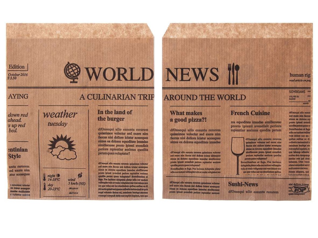 [AIO300105] Snackbeutel braun 2-seitig offen Newspaper 15x16cm - 1000 Stück