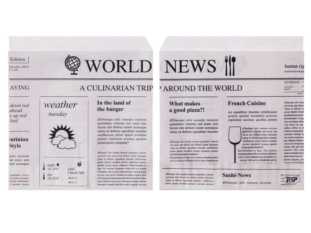 [AIO300101] Snackbeutel 2-seitig offen Newspaper 15x16cm - 1000 Stück